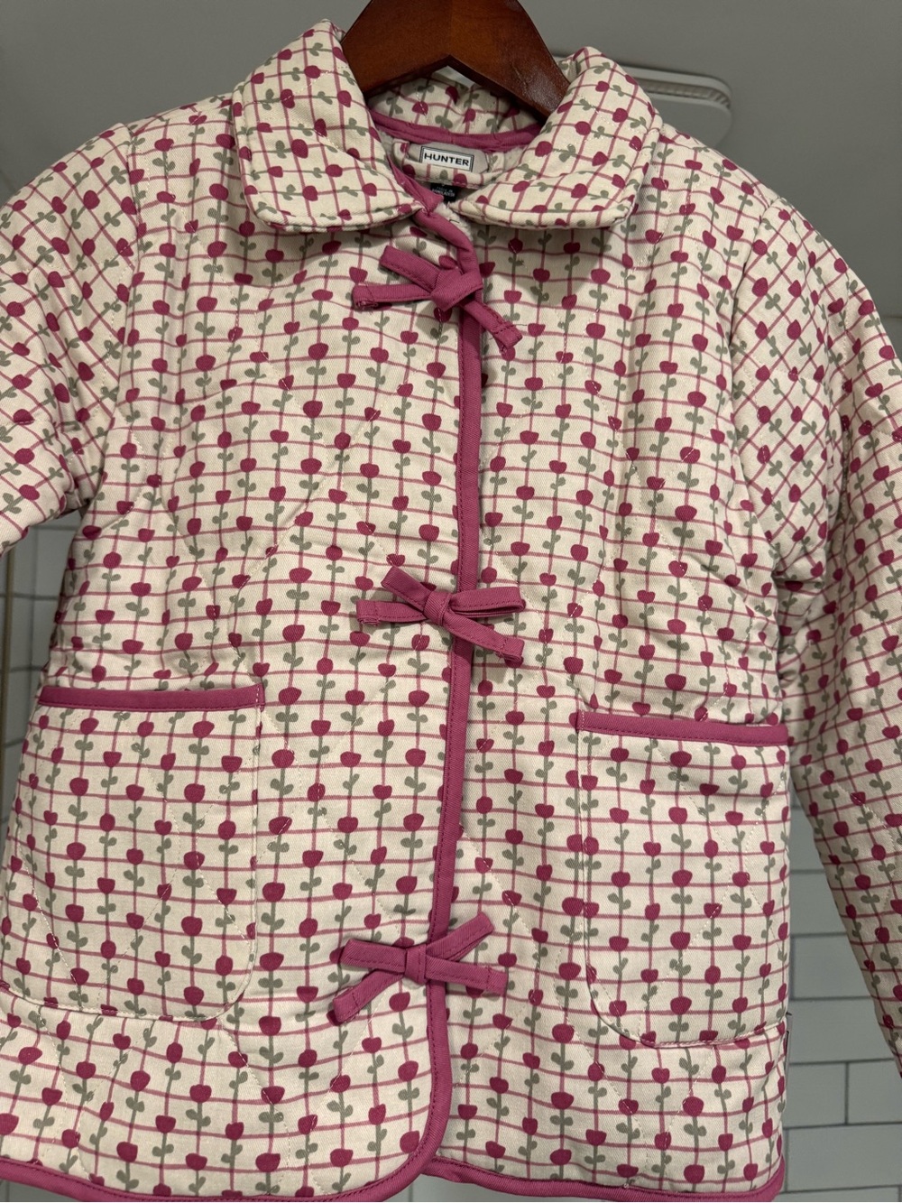 Hunter Cream Quilted Utility Jacket with Pink Trim and Floral Grid